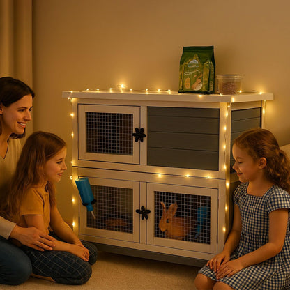 2 Story Solid Wood Rabbit/Bunny Hutch with 2 Large Main Rooms, Indoor Outdoor Rabbit House Guinea Pig Cage Pet House for Small Animals with Ventilation Door Removable Tray Waterproof Roof (Grey)2