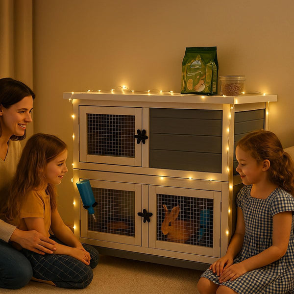 2 Story Solid Wood Rabbit/Bunny Hutch with 2 Large Main Rooms, Indoor Outdoor Rabbit House Guinea Pig Cage Pet House for Small Animals with Ventilation Door Removable Tray Waterproof Roof (Grey)2