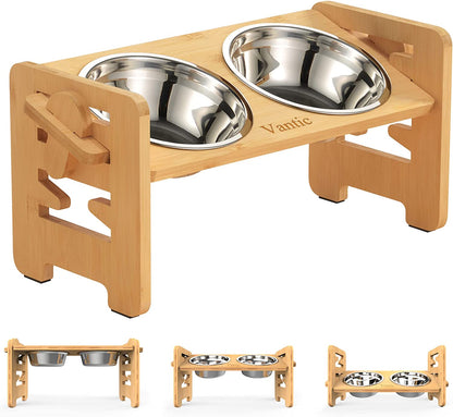 Vantic Elevated Dog Bowls, Raised Dog Bowl Stand Adjustable Small, Natural | Bamboo Elevated Feeder with 2 Stainless Steel Bowls, Adjustable Height Stand for Small Puppies and Cats1