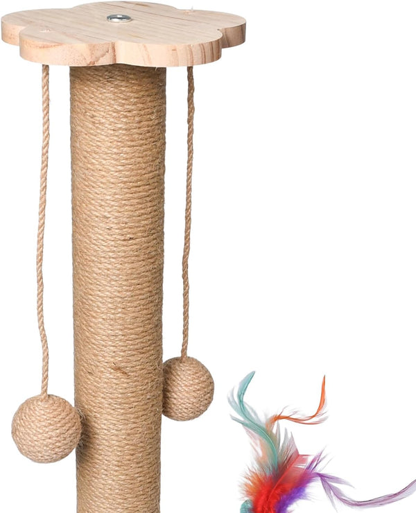 Cat Scratching Post, 50Cm Cat Scratcher Toy, Natural Woven Sisal and Wood Interactive Cat Toys with Lanyard Ball, Ball, Feather (Feather Color Is Random)5