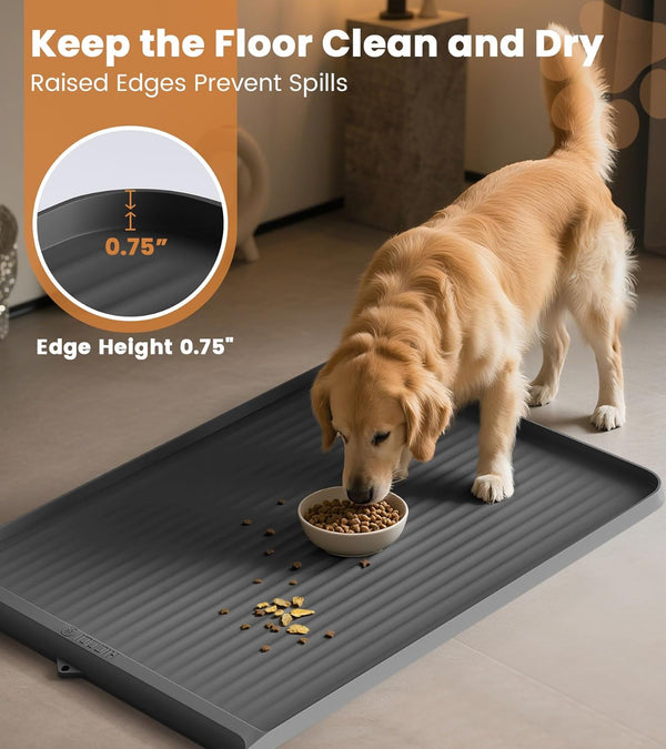 Dog Food Mat 36"X24", Waterproof Dog Bowl Mat, Grey | Raised Edges Prevent Spills, Diversion Grooves, Waterproof Surface, Non-Slip Backing, Easy to Clean3