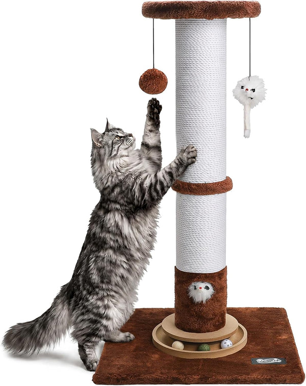 35-Inch Tall Cat Scratching Post, Stable Base for Large Cats, Brown | Heavy-Duty, Soft Natural Cotton Rope Cat Scratcher, Interactive Cat Toys, Wooden Ball Track, for Kittens and Indoor Cats1