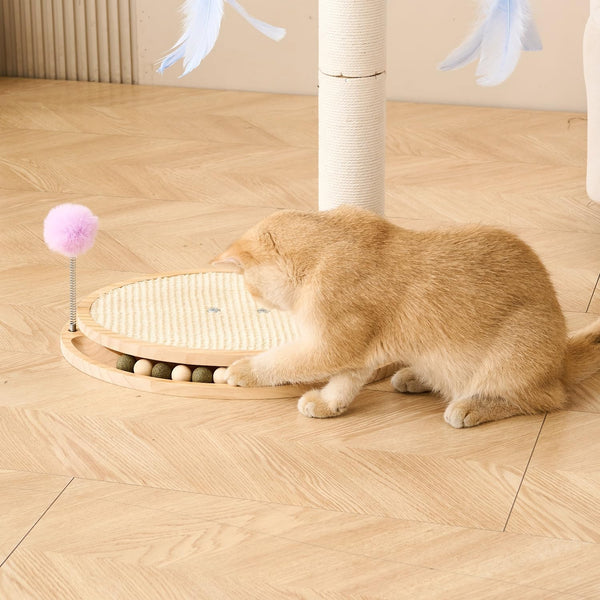 SHENGOCASE Cat Tree Scratching Post Scratcher, 26 Inch Tall, Solid Wood Base,Sisal Rope, Interactive Ball Track and Spinning Wand Feather Toys, Scratch Pad6
