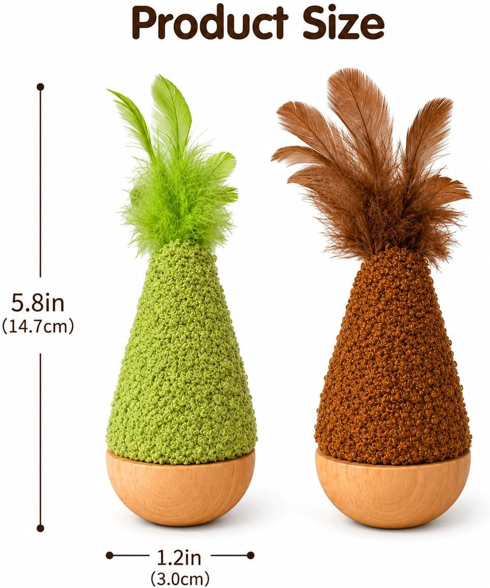 2-pack-interactive-self-righting-wobble-cat-toy-with-feather-fluffy-plush-wooden-tumbler-for-bored-adult-indoor-cats-silent-self-play-cat-enrichment-toy-green-brown