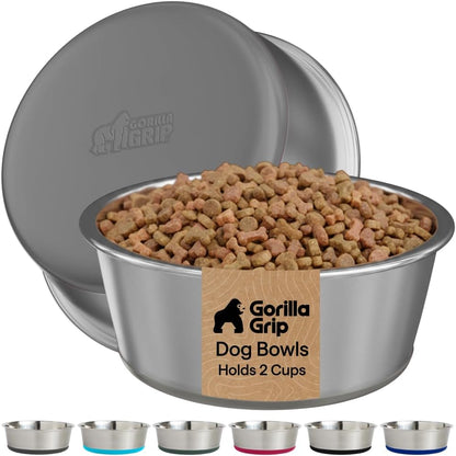 GORILLA GRIP Dog Bowls, Food Grade 304 Stainless Steel, Holds 2 US Cups Each (16 Fl Oz) Food and Water Bowl for Feeding Dogs and Cats, Dishwasher Safe, Rust Resistant BPA Free Rubber Base, 2 Set Black12