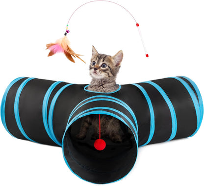 Love’S Cabin Cat Tunnel for Indoor Cats, 3-Way Collapsible Play Tunnel with Teaser Wand, Peek Holes & Toy Ball, Small Pet Toy for Kittens & Rabbits, Black & Blue, Small Size1