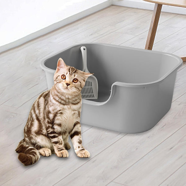 Oversized Open Top Pet Litter Tray with High Sides - Semi Closed Cat Litter Basin Portable Bedpan for Cats- Grey2