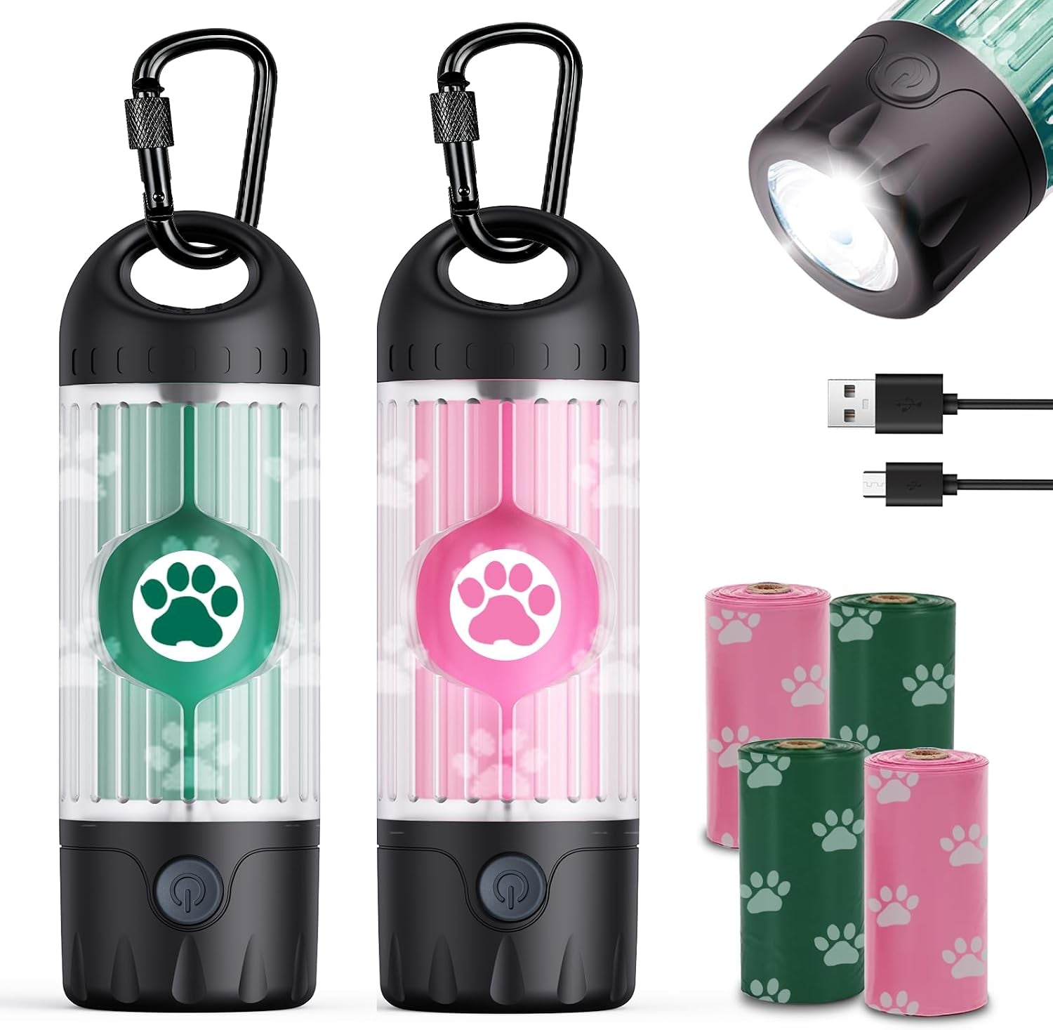 tubasion-3-in-1-dog-poop-bag-holder-with-flashlight-7-color-usb-c-rechargeable-doggie-bag-holder-for-leash-ipx6-waterproof-anti-slip-clip-pet-waste-bag-dispenser-for-walking-1-dispenser-30-bags