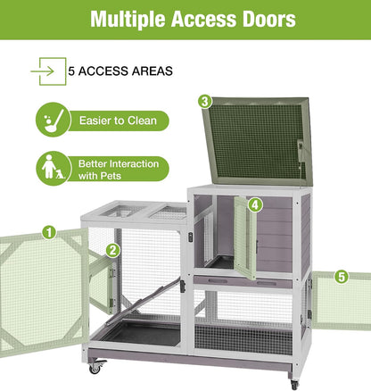 GUTINNEEN Wooden Duplex Rabbit Cage on Wheels with Chew-Proof Ramp, Grey | 4 Mobile Swivel Casters, 2-Story Design, Waterproof Rain Cover, 5 Access Doors, 2 Sliding Trays6
