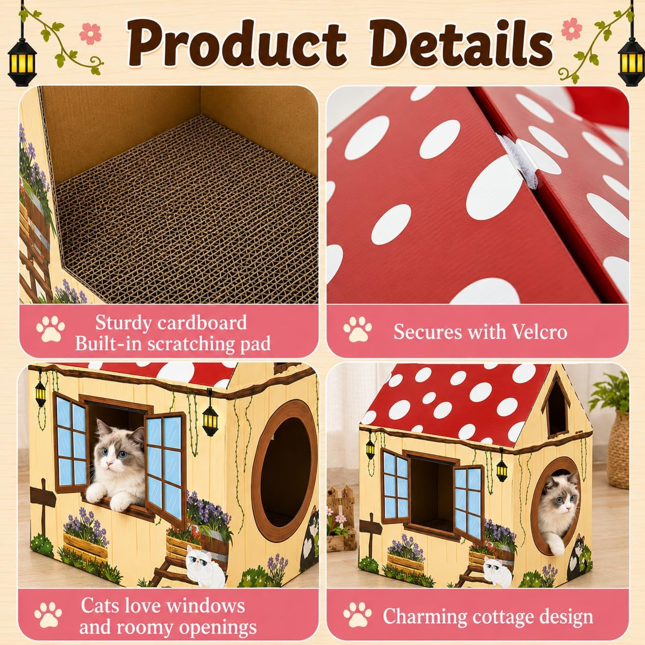 cinrobiye-cardboard-cat-house-with-scratcher-indoor-cat-condo-cat-cave-hideout-with-scratch-pad-cardboard-cat-playhouse-bed-for-cats-kittens-rabbits-small-pets-mushroom