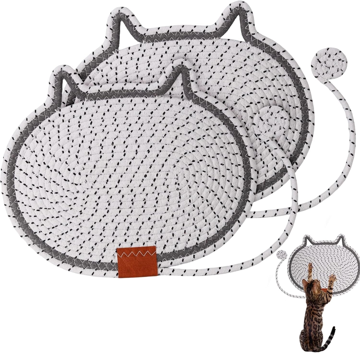 2-pc-cat-scratcher-mat-natural-cotton-rope-oval-horizontal-scratch-pad-11x13-7-with-dangling-ball-toy-cat-ear-design-furniture-protector-for-floor-wall-durable-handmade-balck-2-pc