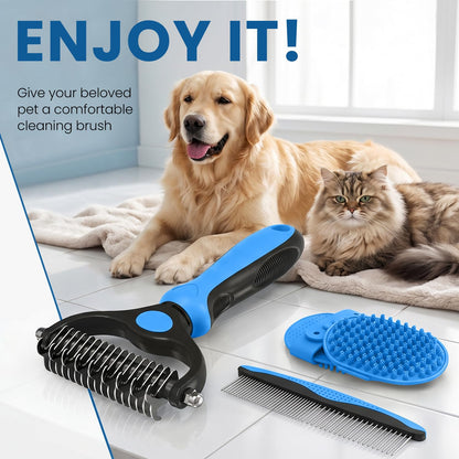 Double-Sided Pet Grooming Rake - 4-In-1 Professional Pet Grooming Kit Deshedding Dematting Tool for Dogs Cats Extra-Wide Grooming Brush & Deshedder Comb for Long & Short Haired Pets (Blue Kit 4PCS)7