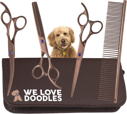 Dog Grooming Scissors Kit, 4 Pieces, Curved, Straight & Thinning Shears Set | Professional Dog Grooming Shears for at Home Doodle & Poodle Hair, Pet Face & Paw Scissors for Goldendoodle, Stainless Steel1