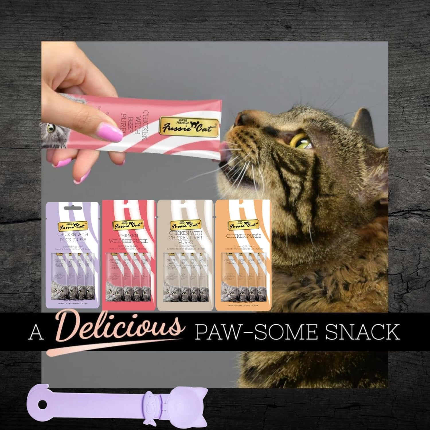 fussie-cat-premium-puree-lickable-cat-treats-in-chicken-puree-4-flavors-4-packs-of-4-0-5oz-tubes-16-total-tubes-spoon