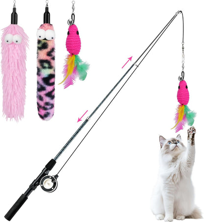 Pawaboo Cat Feather Toys, 4 Pack Interactive Cat Feather Teaser Wand Toys, Retractable Fishing Pole Wand Catcher Exerciser with Refill Fish, Dragonfly Worm with Bells, Fun Cat Kitten Kitty Playing Toy9