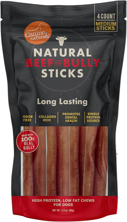 Canine Naturals | Natural Beef & Bully Sticks | Long-Lasting, Odor Free, High Protein Chews Made with 100% Real Bully | 4 Count Medium Sticks1