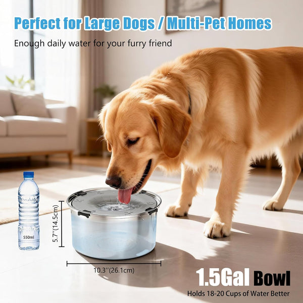 SCHITEC No Spill Dog Water Bowl for Large Dogs, 5.6L / 1.5 Gallon Stainless Steel Splash-Proof Slow Drinking Pet Dish with Floating Disk & Non-Slip Base, Mess-Free Design for Home or Travel-Gray6