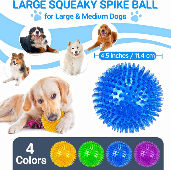 LECHONG 4-Pack Large Squeaky Dog Balls, 4.5" Rubber Spiky Dog Balls for Large Medium Aggressive Chewers Teeth Cleaning, Chew Toy for Training & Boredom Buster2