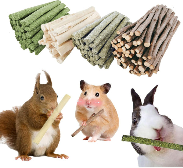 4 in 1 Natural Bunny Chew Toys Sticks Rabbit Treat Apple Hay Bamboo | Organic 4-Blend: Apple Branch + Sweet Bamboo + Timothy Hay + Alfalfa — Naturally Cleans Teeth, 140G Resealable Pack1
