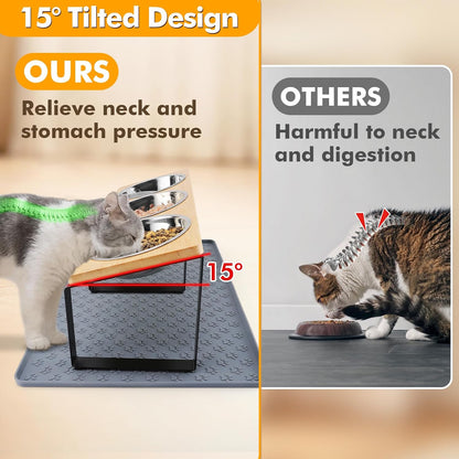 15° Tilted Elevated Cat Bowls - Raised Cat Bowls Stand with Silicone Food Mat & 3 Stainless Steel Cat Dishes for Food and Water, Anti-Vomiting for Indoor Cats and Small Pets2