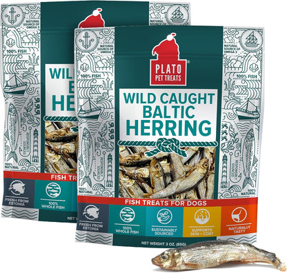 Plato Pet Treats Fish Dog Treats - Air-Dried, Single Ingredient Pet Treat - Omega 3 & 6 Fatty Acids to Support Skin and Coat - 100% Whole Fish - Wild Caught Baltic Herring - 3Oz - 2 Pack1