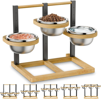 Elevated Dog Bowl,Bamboo Raised Dog Bowl,5-Height | Adjustable Dogs Food Bowls Stand,Dog Feeding Station with 3 Food and Water Bowls for Medium,Large Dogs1