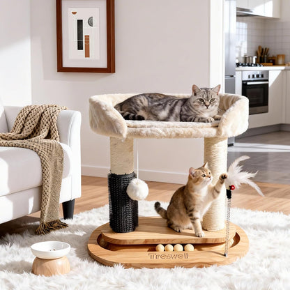 Small Wooden Cat Tree for Kittens and Small Cats, 6-In-1 Cat Tower for Indoor Cats with Bed, Sisal Scratching Post, Self-Grooming Brush, Ball Track, Plush Ball and Feather Toy, 16.5" H5