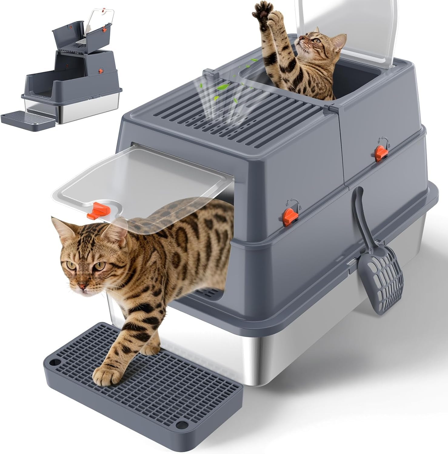 stainless-steel-litter-box-with-lid-enclosed-metal-litter-box-extra-large-kitty-litter-pan-covered-with-scoop-pedal-odor-control-odor-free-front-flip-top-entry-black