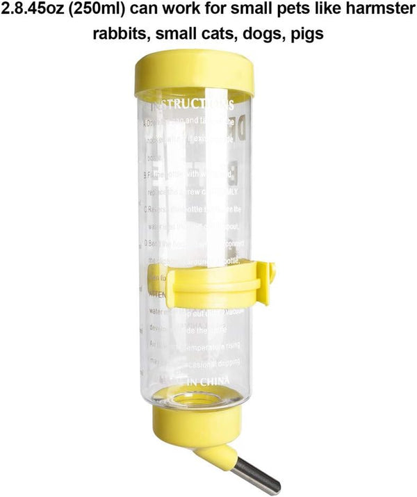 2PCS 8.45 Oz No Drip Small Animal Water Bottle, Cage Water Bottles for Small Pet/Bunny/Ferret/Hamster/Guinea Pig/Rabbit | Plastic, for Small Pet/Guinea Pig/Hamster/Bunny/Ferret/Rabbit, Hanging Wire & Buckle Included, Easy to Install, Yellow & Blue4
