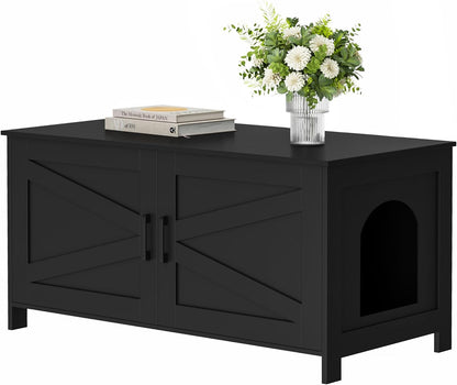 Homhedy 39.4" L Cat Litter Box Enclosure with Barn Door, Black | Wooden Cat Washroom Furniture, Cat House, Pet Storage Cabinet, Dog-Proof, Fit Most of Litter Box, Farmhouse Style1