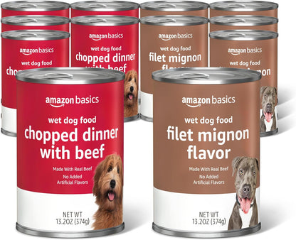 Amazon Basics Chopped Ground Dinner Wet Dog Food Variety Pack, Filet Mignon Flavor and with Beef, Made with Natural Ingredients, 13.2Oz Cans (Pack of 12)1