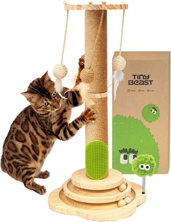 TINYBEAST Wooden Cat Scratching Post Fot Kittens, 4 in 1 Cat Scratcher Toy with Cat Ball Tracks, 18" Tall Sisal Scratch Post for Indoor Kittens, Interactive Feather Toy and 2 Sisal Hanging Balls9