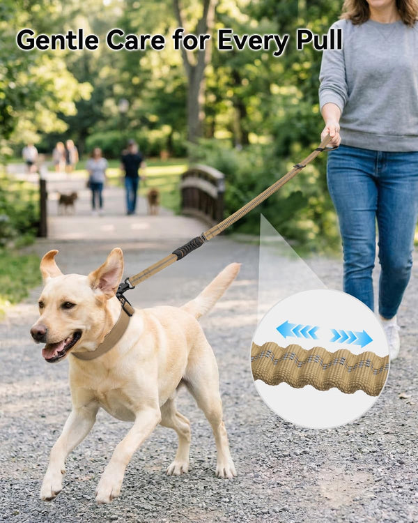 Joytale Tactical Bungee Dog Leash, Shock Absorbing No Pull, Coyote Brown | for Large Dogs That Pull, 2 Padded Handles for Control, Car Seatbelt Clip, Reflective for Night Safety, Metal Frog Clip3