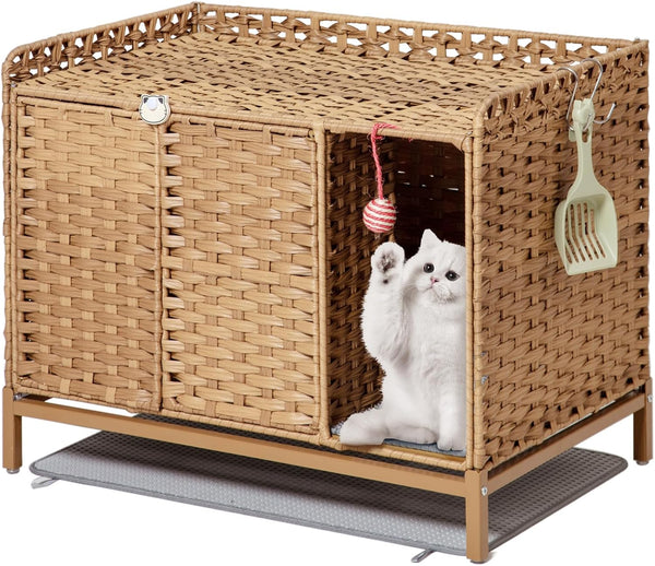 SETVSON Cat Litter Box Plant Furniture Enclosure, Rattan PE House, Natural | Decorative Planter Design, Removable Top for Easy Cleaning, Includes Artificial Plants, Real Stones, 20 X 20 Inches8