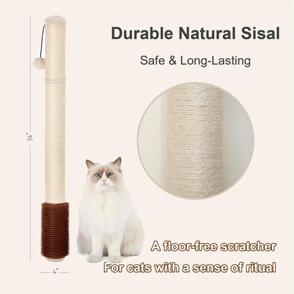 Wall Mounted Cat Scratcher, 34” Extra-Tall Vertical Sisal Scratching Post for Large Cats, Space-Saving Wall Cat Scratcher with Self Grooming Brush & Hanging Ball, Beige3