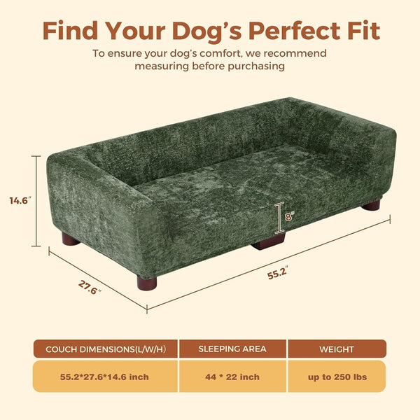 Dog Couch Sofa for Large & Extra Large Dogs, Elevated Pet Bed with Legs, Button Tufted Chenille Dog Couch with Backrest and Armrests, Modern Indoor Dog Furniture(Green, XXL - 55" X 28" X 15")2