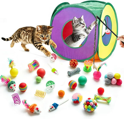 Retro Shaw 33 Pack Cat Toys for Indoor Cats, Collapsible Kitty Tunnel Tent with Feather Teaser Wand, Springs Balls Bell Mouse Interactive Kitten Hideaway Playhouse 15.7 Inches1