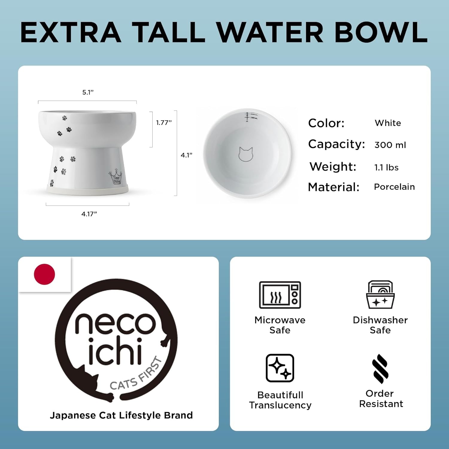 necoichi-raised-cat-water-bowl-elevated-with-measurement-lines-dishwasher-and-microwave-safe-cat-extra-tall-white