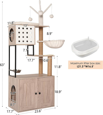 Cat Tree & Litter Box Enclosure,Modern All-In-One Indoor Cats Tower with Large Platform, Cat Condo with Wood House, Food Station, Hammocks (23.6”)2
