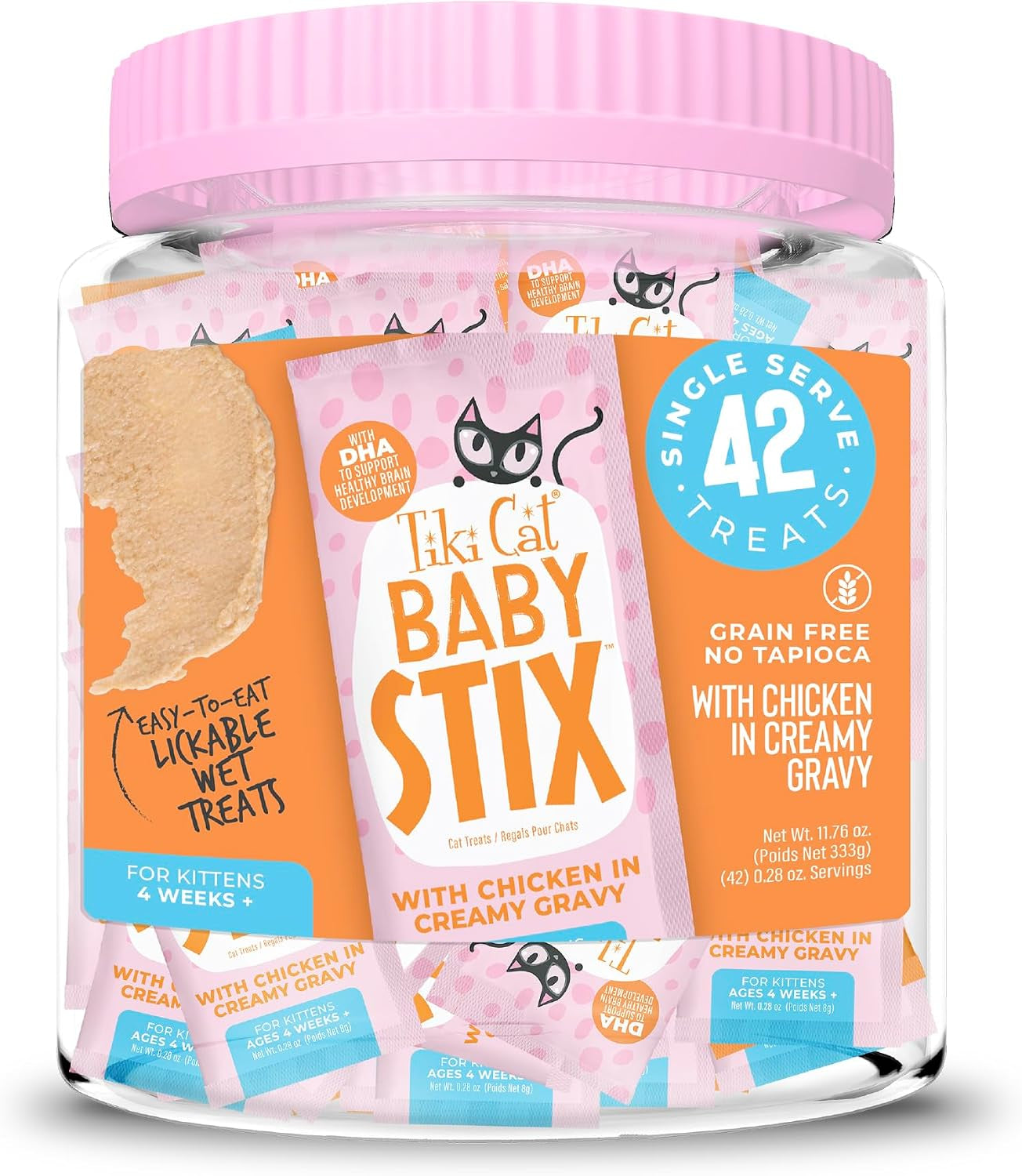 tiki-cat-baby-stix-wet-cat-treats-chicken-in-creamy-gravy-0-28-oz-sachets-42-count-jar