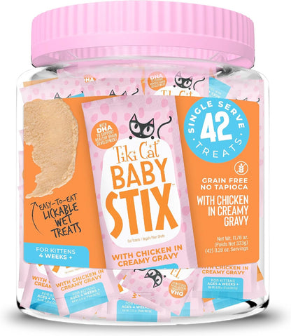 Tiki Cat Baby Stix Wet Cat Treats, Chicken in Creamy Gravy, 0.28 Oz. Sachets (42 Count Jar)1
