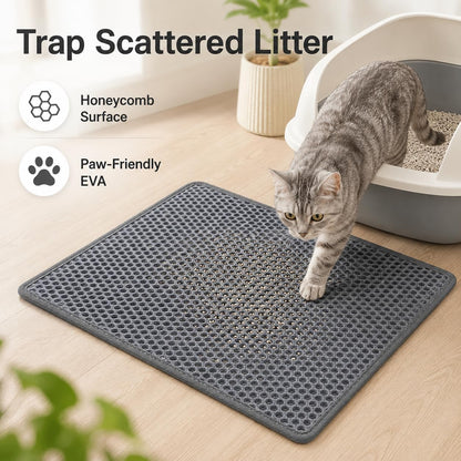 Cat Litter Mat 21 X 14 Inch, Double Layer EVA Honeycomb Kitty Litter Trapping Mat, Waterproof Urine Proof Non Slip Litter Box Floor Pad, Easy to Clean Scatter Control Mat, Grey2