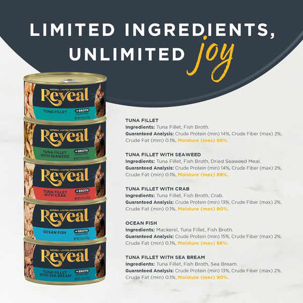 Reveal Fish Variety in Broth Wet Cat Food, 5-Flavor 30-Pack 2.47 Oz Cans | 100% Natural, High Quality Protein, Limited Ingredient, Grain Free, No Fillers, No Artificial Additives, No By-Products3