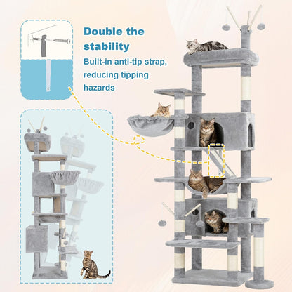 Hey-Brother Cat Tree Tower with Sturdy Supporting Posts, 2 Condos, MPJ082W- | 82.7 Inches Multi-Level Cat Tower with 5 Teaser Toys, Sisal Scratching Posts, Large Bed, Hammock for Indoor Cats, Light Gray8