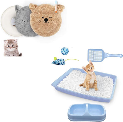 Blue Cat Litter Box Set, Small Cat Kitten Starter Kit with Litter Scoop, Cat Bowl, Kittens Toy; Heated Cat Bed Indoor, Microwavable Heating Pads for Cats with 2 Cozy Covers1