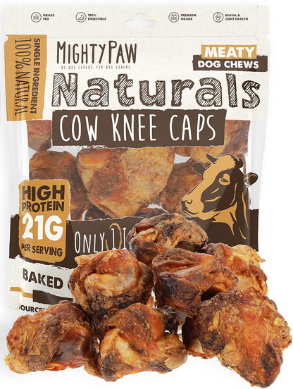 Mighty Paw Naturals Cow Knee Caps Dog Bones, 8 Pack, 100% Natural Beef | Single Ingredient, Dog Bone, Grade A, Baked, Grass-Fed, Hand Packaged in USA, 21G Protein per Serving, Meaty 2-In-1 Chew1