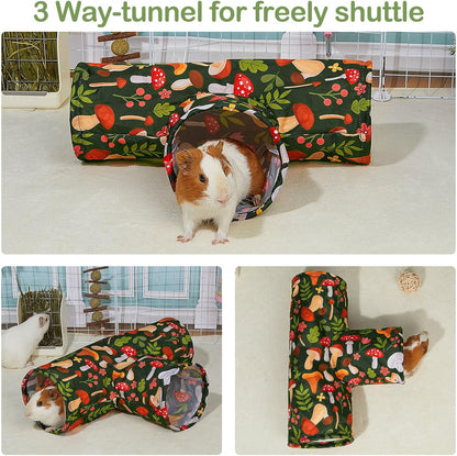 Bienbee Guinea Pig Tunnel, 3 Way Washable Guinea Pig Hideout,Foldable Rabbit Tunnel Guinea Pigs Toys for Bunny Hamster Chinchilla Ferret Rabbit Guinea Pigs Accessories Mushroom | Guinea Pig Hideout, Portable Tubes with Cute Print,High Dense Fabric for Small Pet'S Hiding Resting Playing and Exploring5