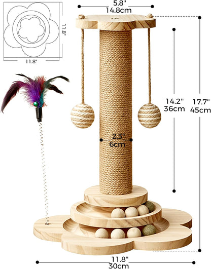 Cat Scratching Post for Kittens, 4 in 1 Wooden Cat Scratcher Toy, 17.7" Tall Scratch Post with 2 Level Cat Track Balls, Interactive Feather Toy and 2 Sisal Hanging Balls for Indoor Kittens6