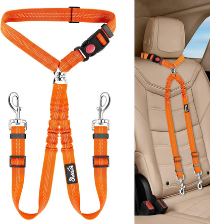 Lukovee Double Dog Seat Belt, Dual Pet Car Headrest Restraint Safety Seatbelt No Tangle Dog Leash Duty Adjust Elastic Bungee Puppy Lead Splitter Connect Harness in Vehicle Travel for 2 Dogs,Black12
