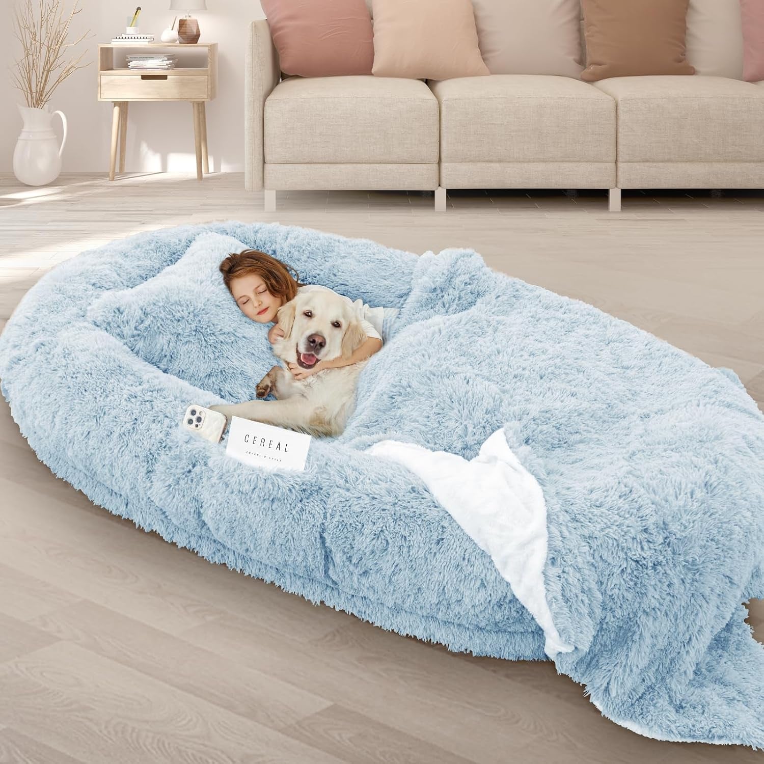 roomtec-human-dog-bed-71x45x12-size-fits-adult-and-pet-washable-giant-people-bed-10-cm-thick-memory-foam-large-oversize-pet-bed-with-plump-pillow-blanket-strap-grey